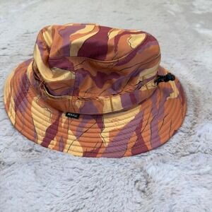 REI co-op abstract camo bucket hat, orange, red, yellow